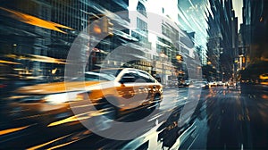 British taxi, black cab on city road, motion blur with beautiful lights reflection and focus on automobile