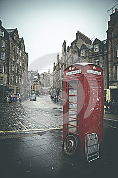 British telephone booth in rainy street