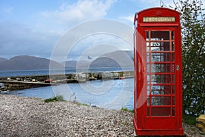 British telephone box on the shore of Kentallen. Loch Linnhe, Argyll and Bute, Highlands, Scotland, UK