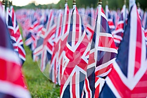 British United Kingdom UK Flags in a row with front focus and the further away symbols blurry with bokeh. The flags were set up on