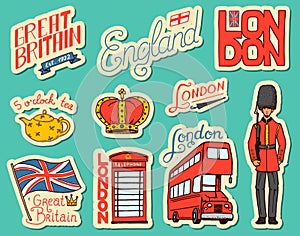 British vintage stickers, Crown and Queen, teapot with tea, bus and royal guard, London. Badges, stamps, emblems. United