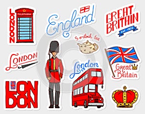 British vintage stickers, Crown and Queen, teapot with tea, bus and royal guard, London. Badges, stamps, emblems. United