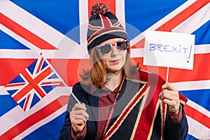 British woman UK flag and Brexit banner