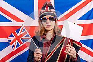 British woman UK flag and Brexit banner