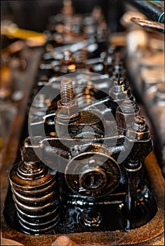 Britsh MGB sports car internals of engine closeup photo