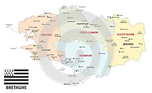 Brittany administrative and political vector map with flag