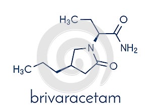 Brivaracetam anticonvulsant drug molecule. Used in treatment of seizures. Skeletal formula.