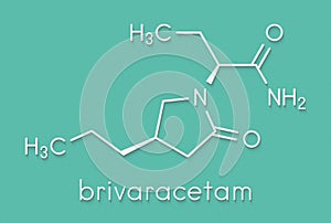 Brivaracetam anticonvulsant drug molecule. Used in treatment of seizures. Skeletal formula.