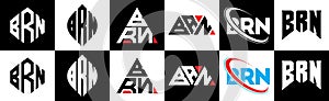 BRN letter logo design in six style. BRN polygon, circle, triangle, hexagon, flat and simple style with black and white color