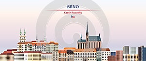 Brno cityscape on sunset sky background vector illustration with country and city name and with flag of Czech Republic photo