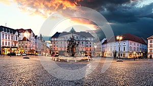 Brno - panorama of Zeleny trh square at dramatic sunset, Czech Republic