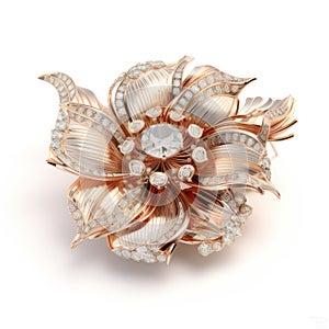 Broach with bronze leaves and diamonds isolated on white created with Generative AI