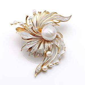 Broach in gold and silver with pearls isolated on white created with Generative AI