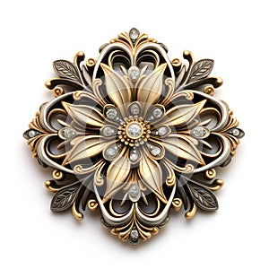 Broach with golden and silver leaves and diamonds isolated on white created with Generative AI