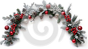 A broad arch-shaped Christmas border made up of fresh fir branches and ornaments in red and silver isolated on white