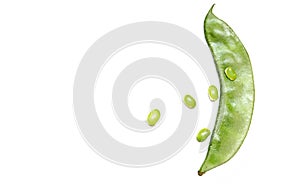 Broad bean pods and seeds on white background