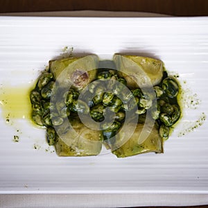 Broad Beans with Spinachs and Artichokes dressed with Olive Oil photo