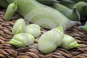 Broad beans Vicia faba var. major in pods and seeds