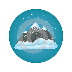 Broad snowy mountain with three peaks with snowy hills, leafless trees and falling snow on a blue circle.