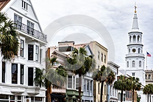 Broad Street in Charleston, South Carolina, with buildings and trees along the road