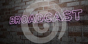 BROADCAST - Glowing Neon Sign on stonework wall - 3D rendered royalty free stock illustration