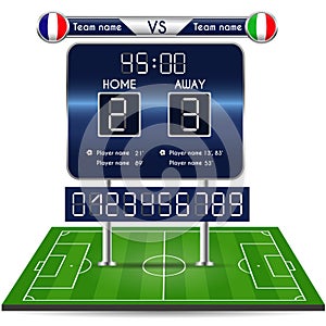 Broadcast graphic for football final score. Football Soccer Match Statistics with playfield.