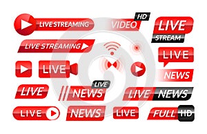 Broadcast icons. Web and mobile video translation buttons and banners for live news and stream broadcasting. Vector