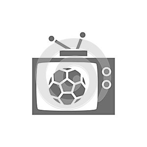 Broadcast match on TV, soccer grey icon.