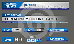 Broadcast News Lower Thirds Template layout blue grey set collection design banner for bar Headline news title, sport game in