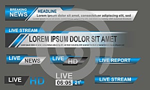 Broadcast News Lower Thirds Template layout blue grey set collection design banner for bar Headline news title, sport game in