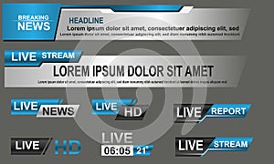 Broadcast News Lower Thirds Template layout blue grey set collection design banner for bar Headline news title, sport game in