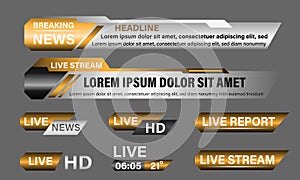 Broadcast News Lower Thirds Template layout gold grey set collection design banner for bar Headline news title, sport game in