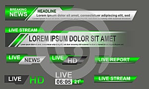 Broadcast News Lower Thirds Template layout green grey set collection design banner for bar Headline news title, sport game in