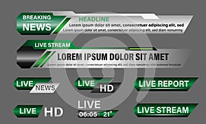 Broadcast News Lower Thirds Template layout green grey set collection design banner for bar Headline news title, sport game in