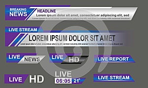 Broadcast News Lower Thirds Template layout purple grey set collection design banner for bar Headline news title