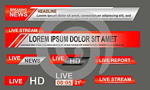 Broadcast News Lower Thirds Template layout red grey set collection design banner for bar Headline news title, sport game in