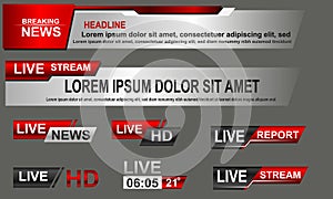 Broadcast News Lower Thirds Template layout red grey set collection design banner for bar Headline news title, sport game in