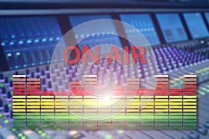 Broadcast studio on air. Media sound, radio and television record on professional audio panel blurred background.