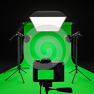 Broadcast studio with chromakey, camera and monolights