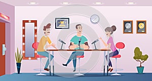 Broadcast studio. Podcast interview people talking to microphones interior room exact vector cartoon background