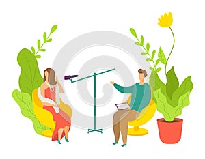 Broadcast talkshow record, people work at entertainment media vector illustration. Flat studio with man woman character