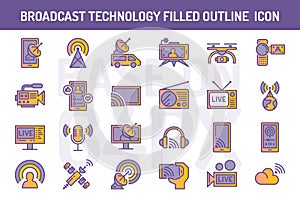 Broadcast technology filled outline icons set.