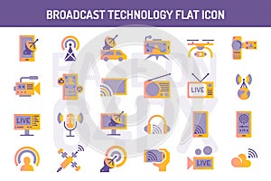 Broadcast technology flat icons set