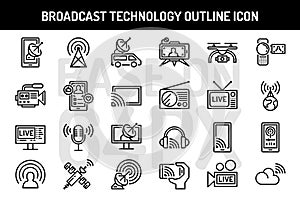 Broadcast technology outline icons set.