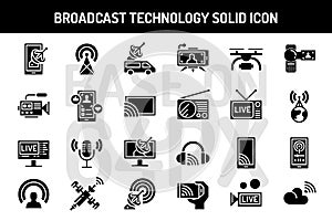 Broadcast technology solid icons set