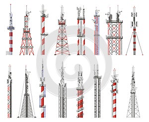 Broadcast technology tower. Communication antenna tower, wireless radio signal station. Cellular network tower vector