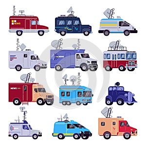 Broadcast vehicle vector TV broadcasting car with antenna satellite media and television van transport illustration set