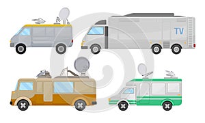 Broadcasting Car with Satellite Antenna Vector Set. Tv Vehicles Collection