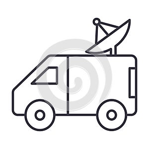 Broadcasting car with satellite dish vector line icon, sign, illustration on background, editable strokes