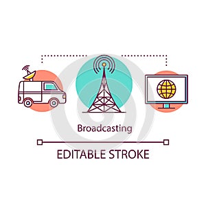 Broadcasting concept icon. Radio and TV, media industry. Car, TV tower, screen. Live broadcast. Electronic media idea